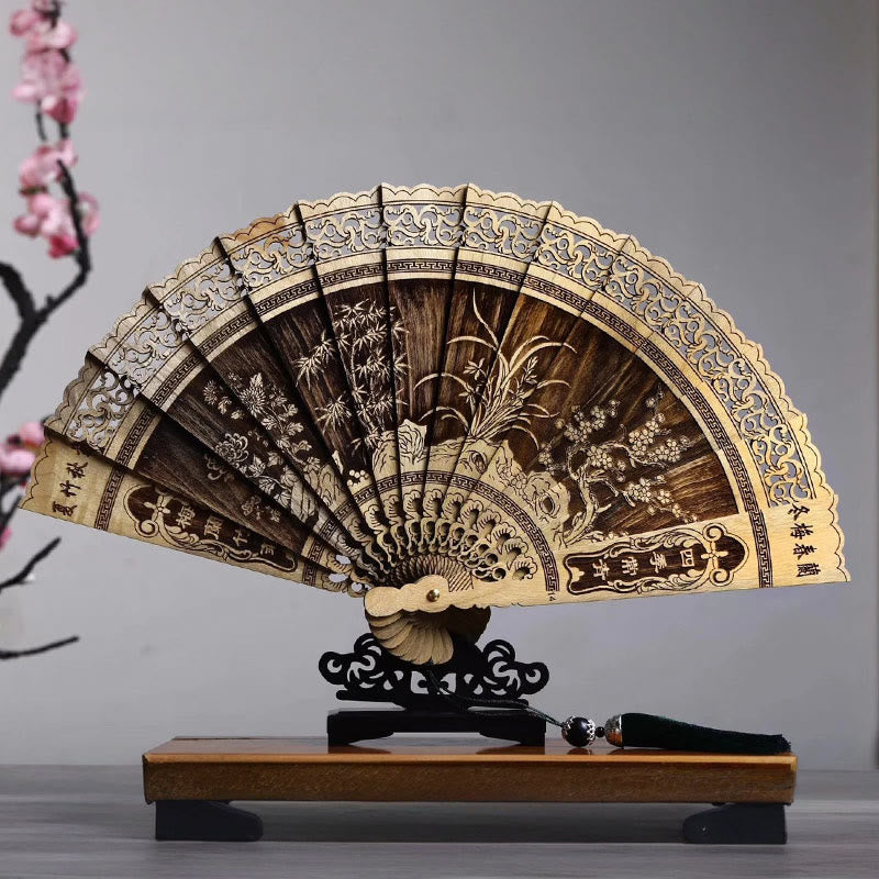 Buddha Stones鯉牡丹鳥花彫刻中空手持ちフィービージェンナン木製扇子22cm