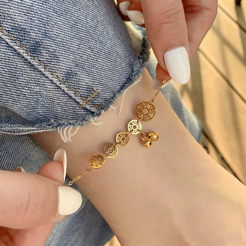 Buddha Stones、銅貨、ベルチャーム、チタン鋼、強化アンクレット