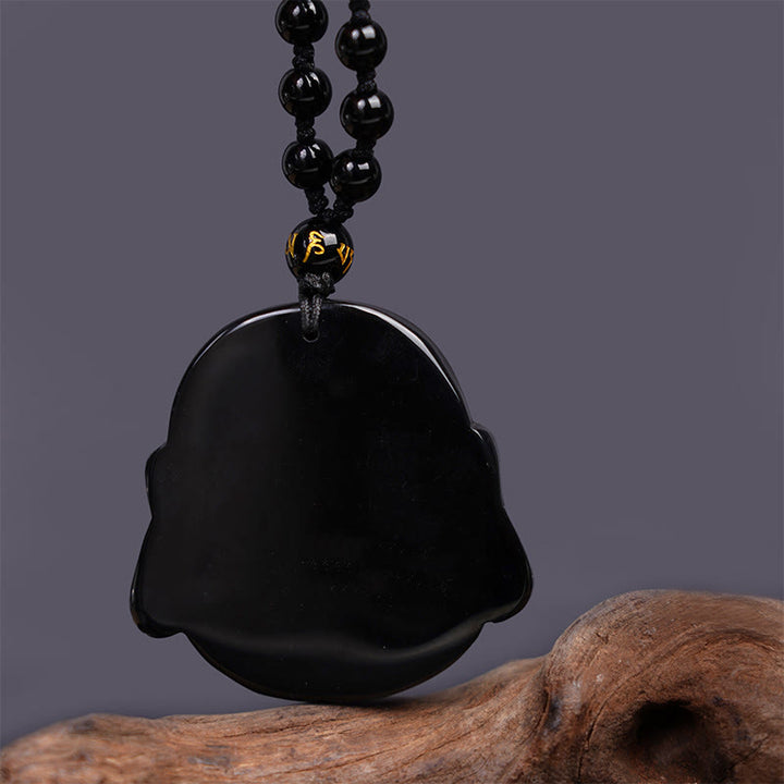 Buddha Stones天然黒曜石 笑う仏陀 浄化ネックレスペンダント