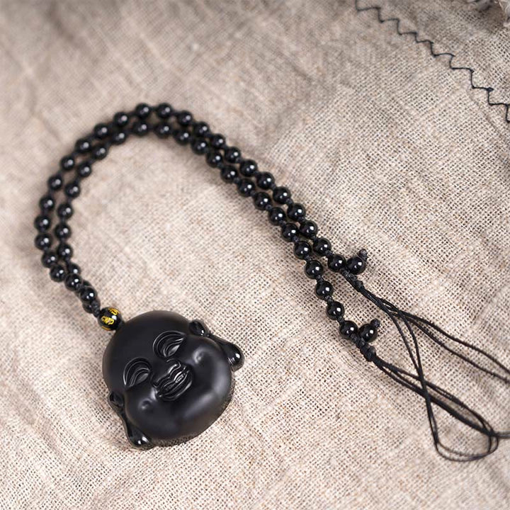 Buddha Stones天然黒曜石 笑う仏陀 浄化ネックレスペンダント