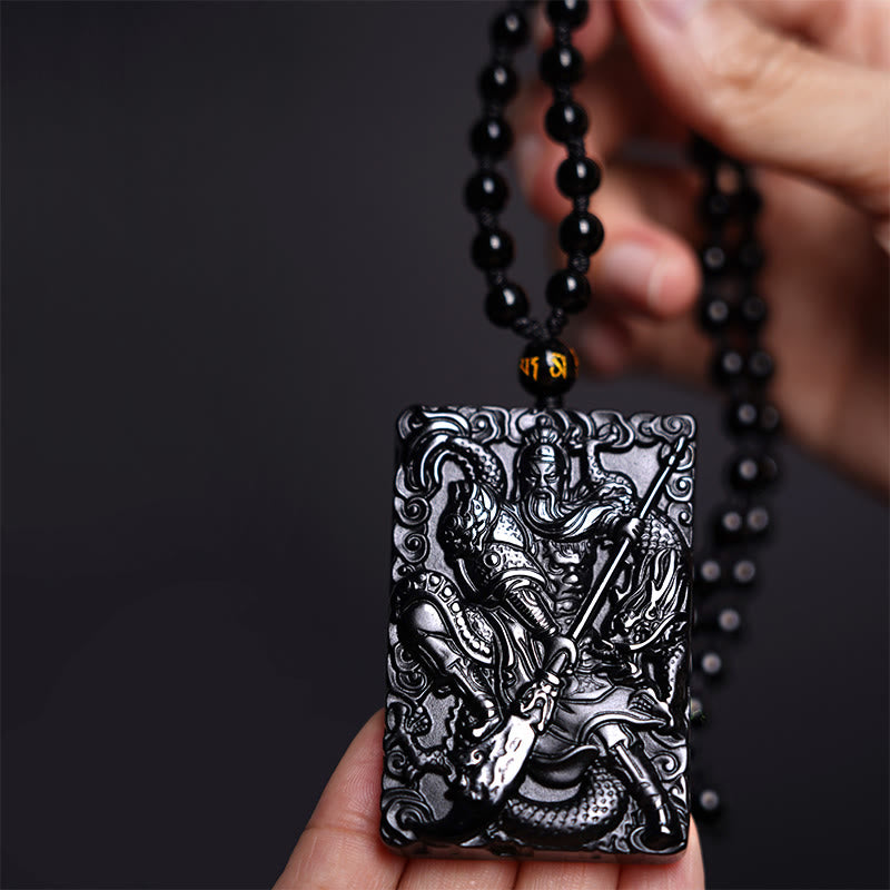 Buddha Stones黒曜石 関公 お守り 刻印入り 強さ ネックレス ペンダント