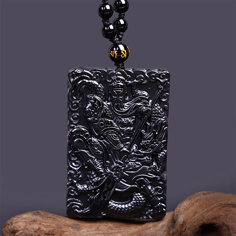 Buddha Stones黒曜石 関公 お守り 刻印入り 強さ ネックレス ペンダント