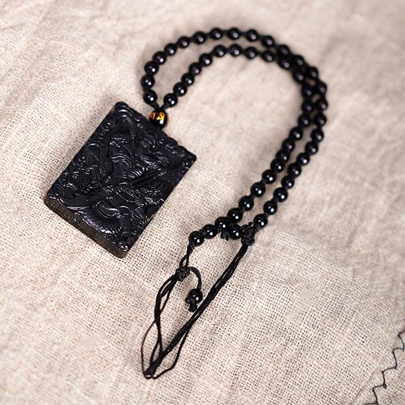Buddha Stones黒曜石 関公 お守り 刻印入り 強さ ネックレス ペンダント