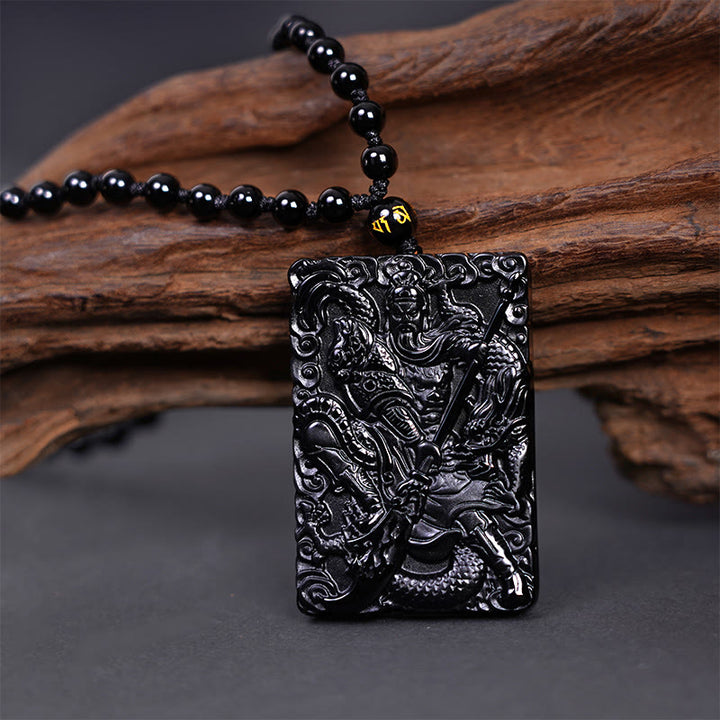 Buddha Stones黒曜石 関公 お守り 刻印入り 強さ ネックレス ペンダント