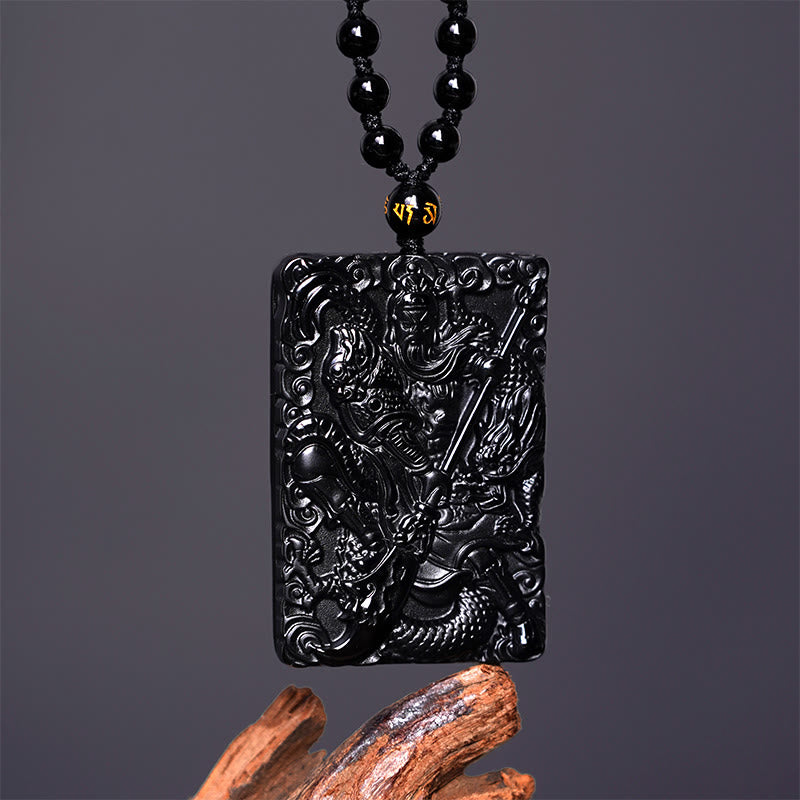 Buddha Stones黒曜石 関公 お守り 刻印入り 強さ ネックレス ペンダント