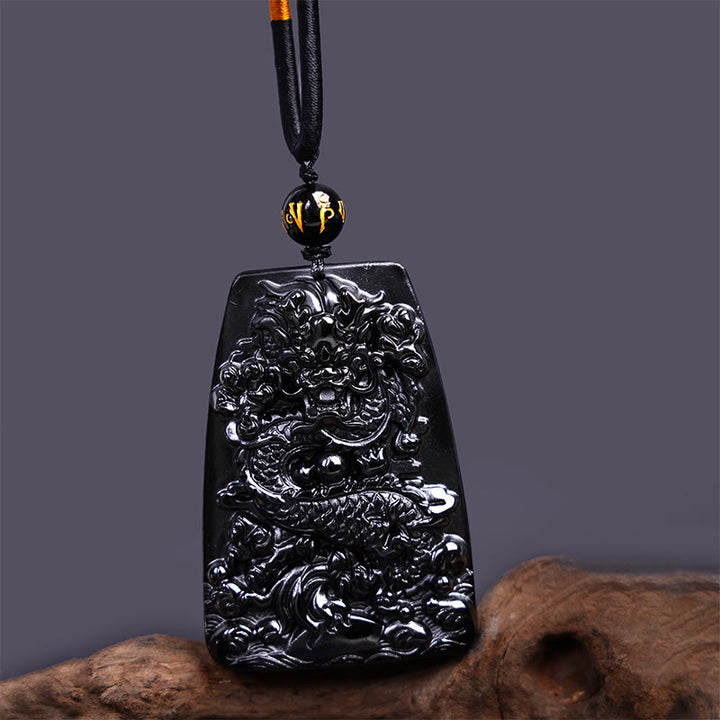 Buddha Stones黒曜石 龍彫り 幸運 守護 ネックレス ペンダント - 台形ドラゴン 65mm×44mm - image 9