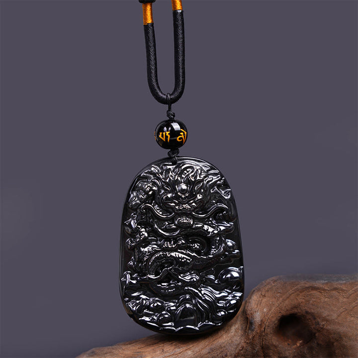 Buddha Stones黒曜石 龍彫り 幸運 守護 ネックレス ペンダント - オーバルドラゴン 58mm×41mm - image 1