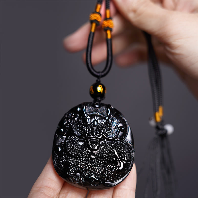 Buddha Stones天然黒曜石ラウンドドラゴン彫刻保護ネックレスペンダント - image 3