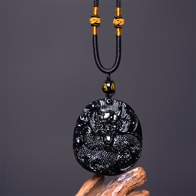 Buddha Stones天然黒曜石ラウンドドラゴン彫刻保護ネックレスペンダント - image 4