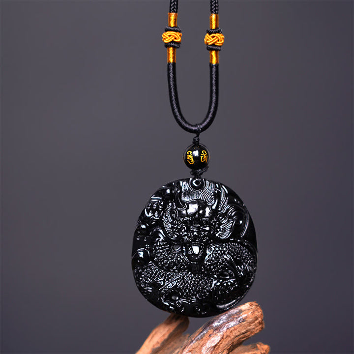 Buddha Stones天然黒曜石ラウンドドラゴン彫刻保護ネックレスペンダント - image 4
