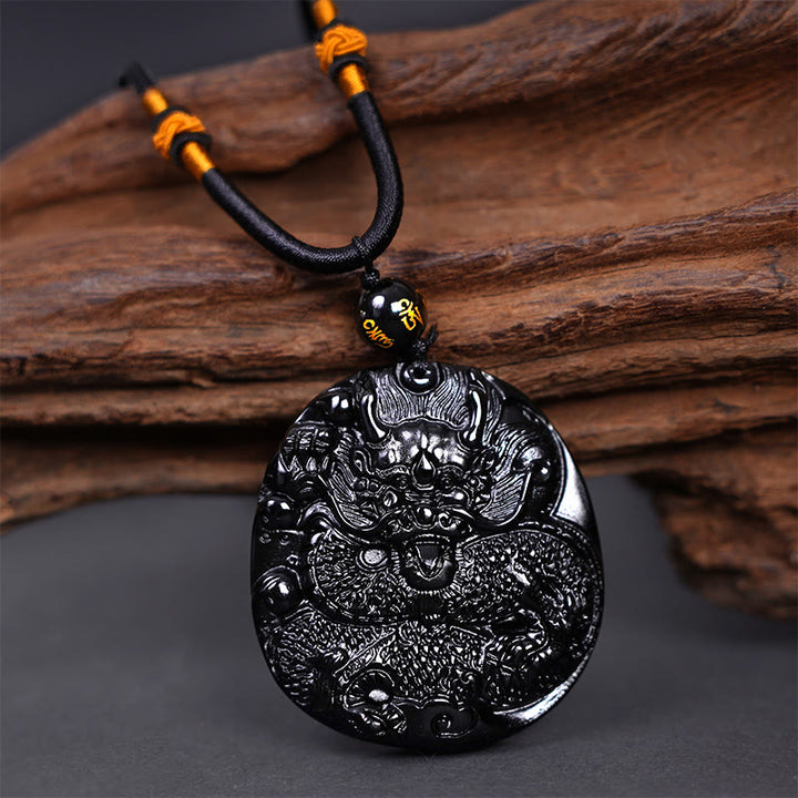 Buddha Stones天然黒曜石ラウンドドラゴン彫刻保護ネックレスペンダント - ドラゴン 45mm×48mm - image 1
