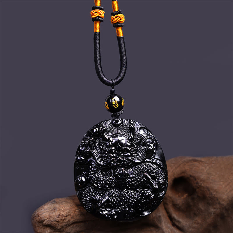 Buddha Stones天然黒曜石ラウンドドラゴン彫刻保護ネックレスペンダント - image 5