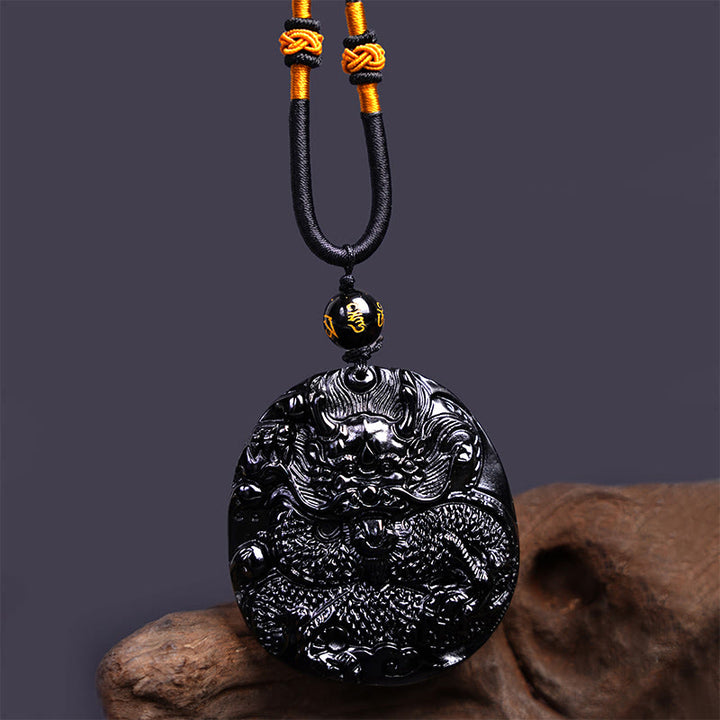 Buddha Stones天然黒曜石ラウンドドラゴン彫刻保護ネックレスペンダント - image 5
