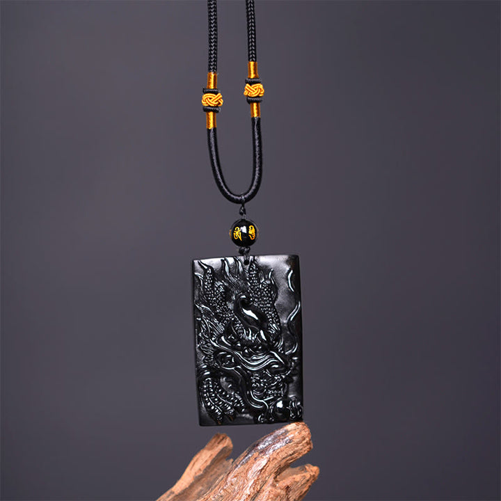 Buddha Stones天然黒曜石 長方形 龍彫り 成功のネックレスペンダント - image 10