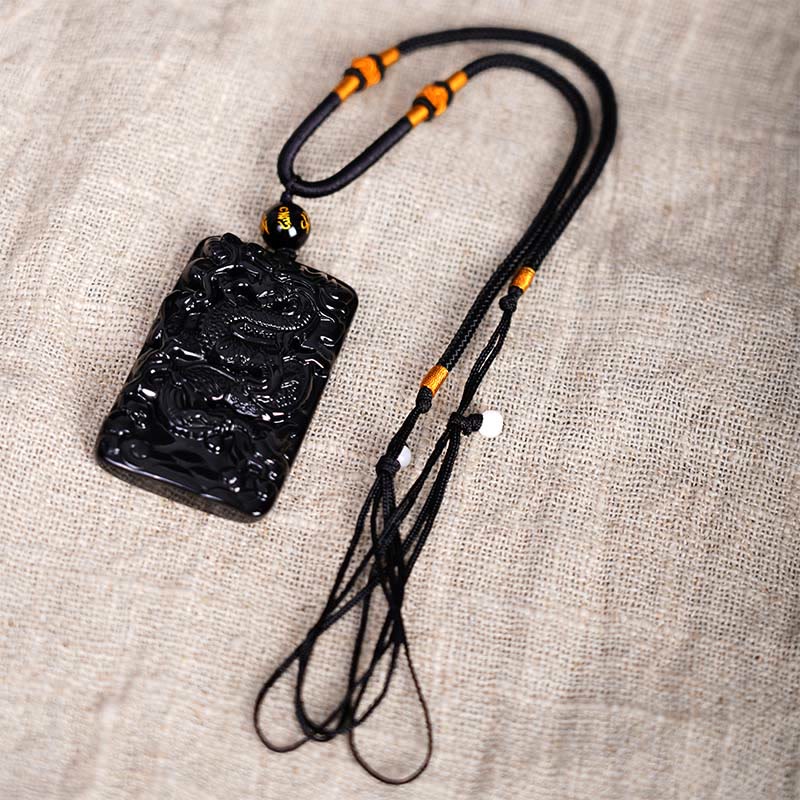 Buddha Stones天然黒曜石 長方形 龍彫り 成功のネックレスペンダント - image 6