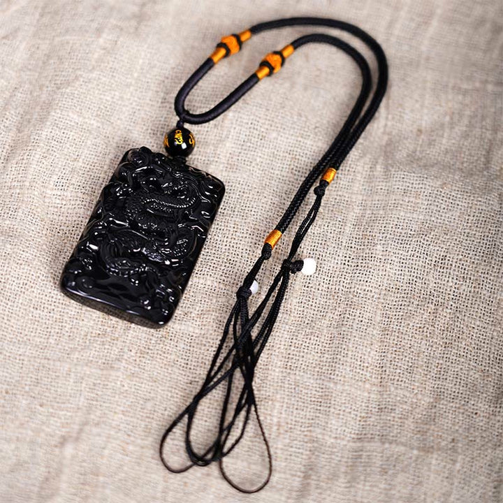Buddha Stones天然黒曜石 長方形 龍彫り 成功のネックレスペンダント - image 6
