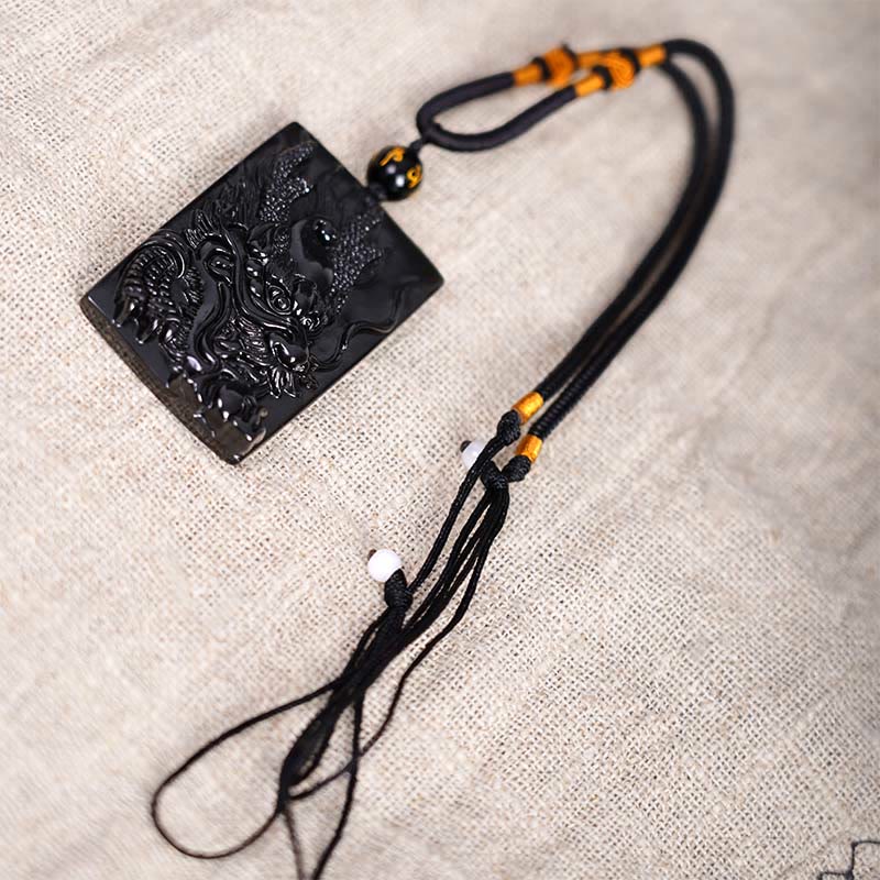 Buddha Stones天然黒曜石 長方形 龍彫り 成功のネックレスペンダント - image 13