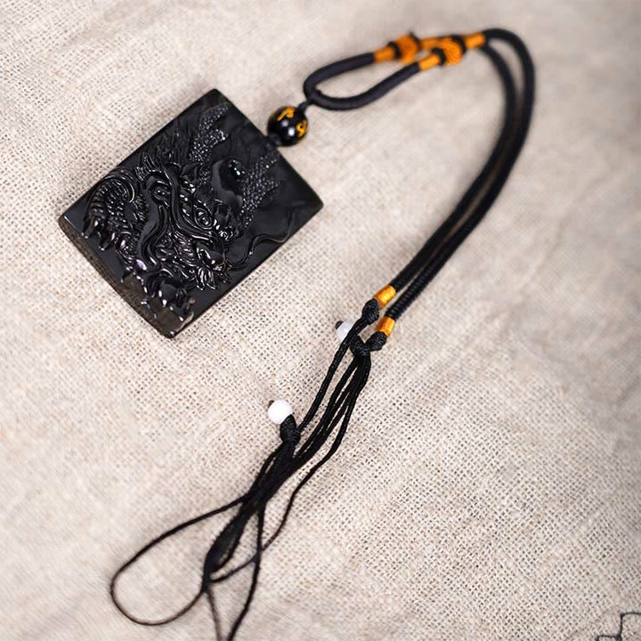 Buddha Stones天然黒曜石 長方形 龍彫り 成功のネックレスペンダント - image 13