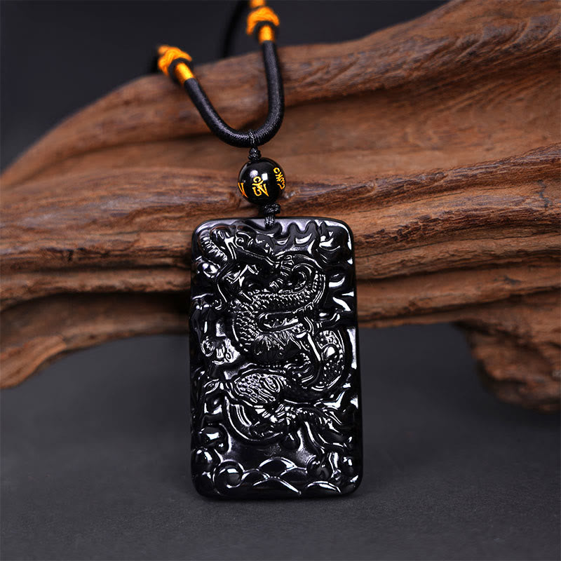Buddha Stones天然黒曜石 長方形 龍彫り 成功のネックレスペンダント - image 2