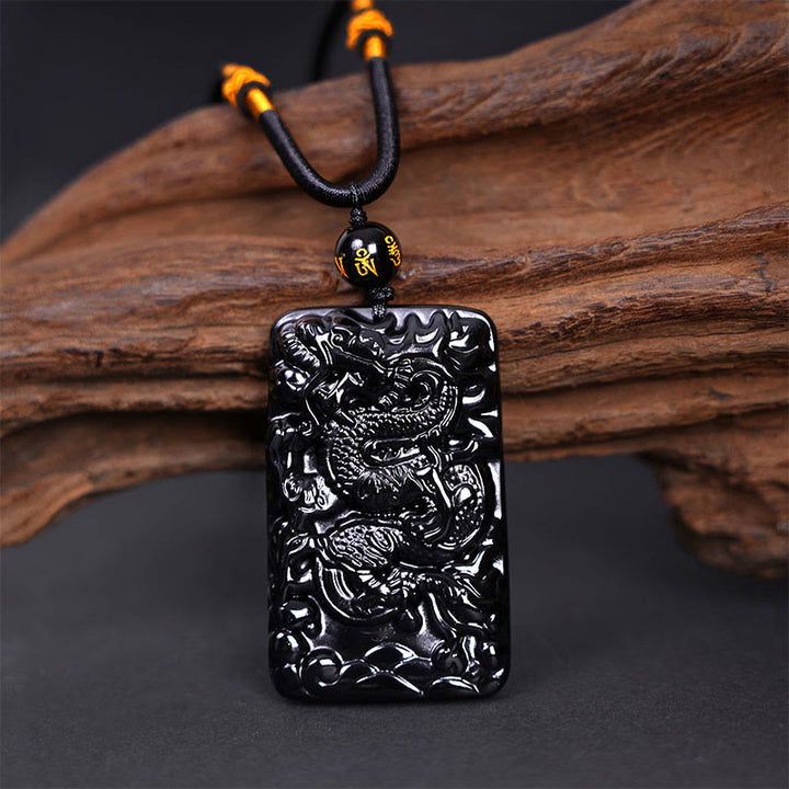 Buddha Stones天然黒曜石 長方形 龍彫り 成功のネックレスペンダント - image 2