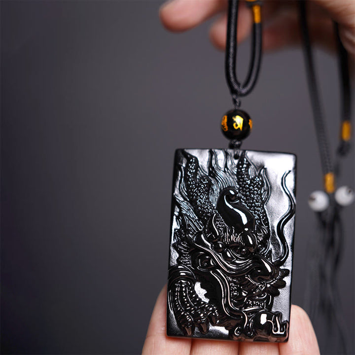 Buddha Stones天然黒曜石 長方形 龍彫り 成功のネックレスペンダント - ドラゴン 61mm×40mm - image 9