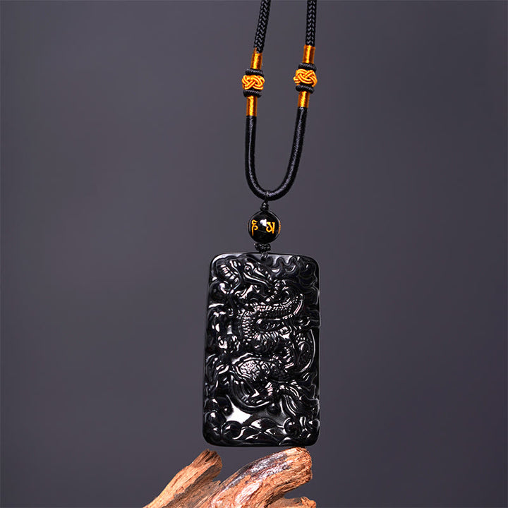 Buddha Stones天然黒曜石 長方形 龍彫り 成功のネックレスペンダント - image 4