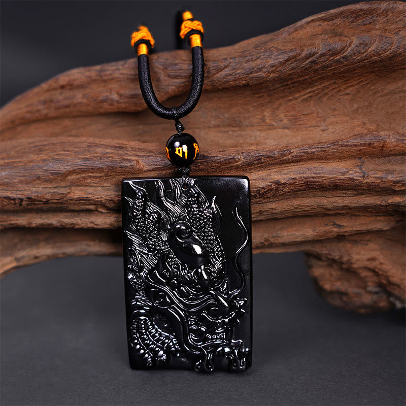 Buddha Stones天然黒曜石 長方形 龍彫り 成功のネックレスペンダント - image 11