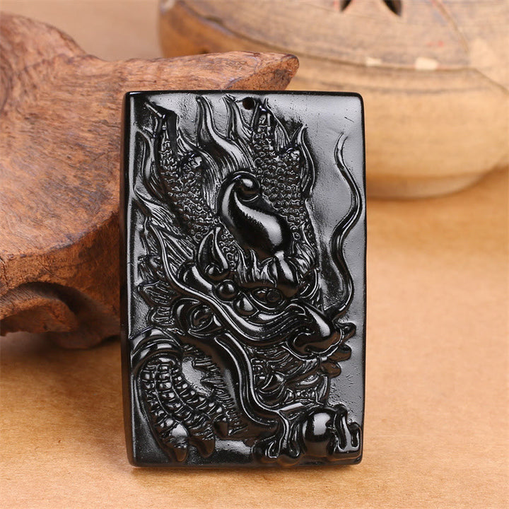 Buddha Stones天然黒曜石 長方形 龍彫り 成功のネックレスペンダント - image 16