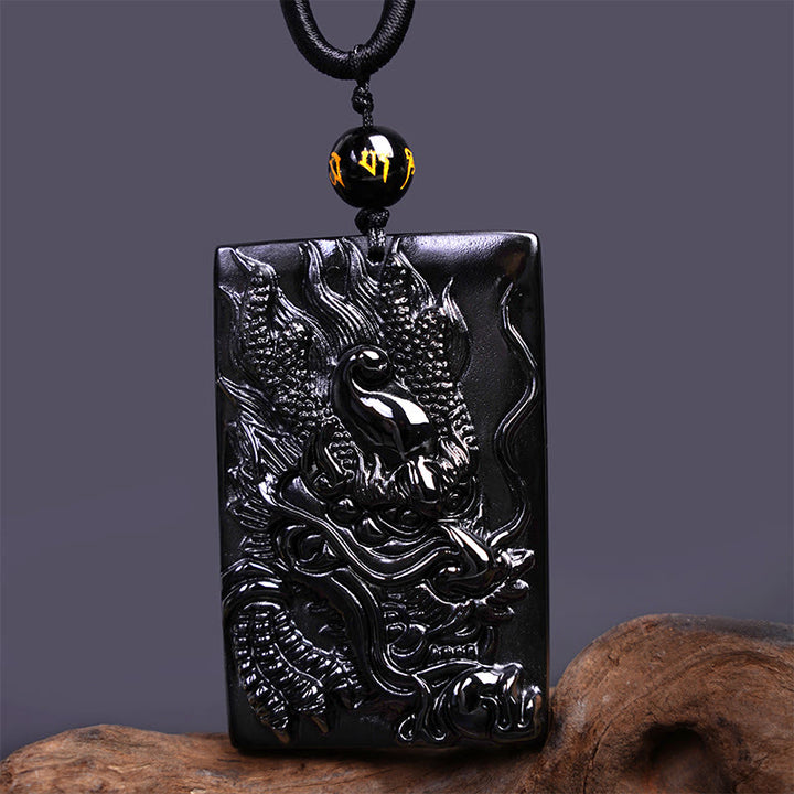 Buddha Stones天然黒曜石 長方形 龍彫り 成功のネックレスペンダント - image 14
