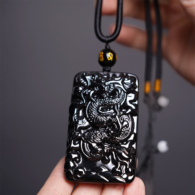 Buddha Stones天然黒曜石 長方形 龍彫り 成功のネックレスペンダント - ドラゴン 62mm×39mm - image 1