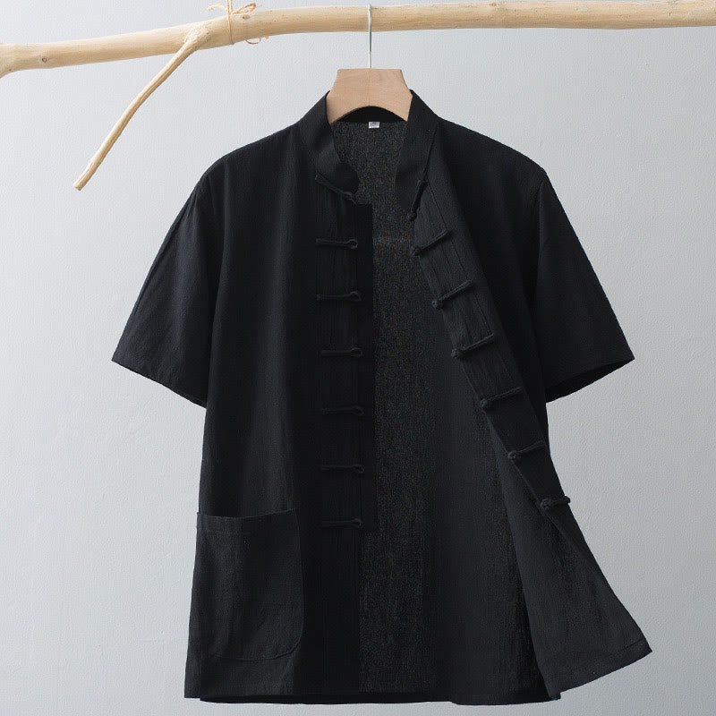 Buddha Stones中国風 カエルボタン 唐装 メンズ 半袖シャツ コットンリネン ポケット付き - 黒 - US/UK/AU44、 EU54 (4XL) - image 16