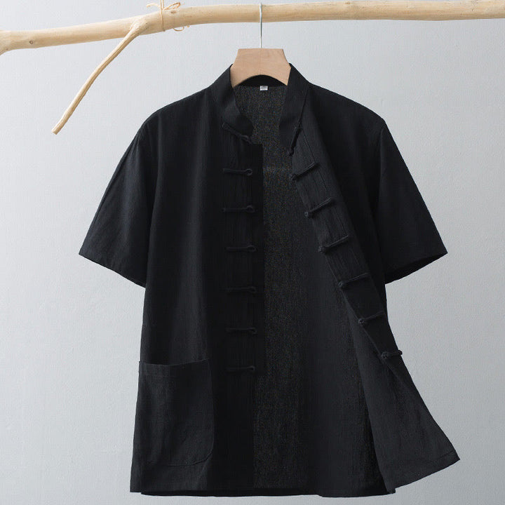 Buddha Stones中国風 カエルボタン 唐装 メンズ 半袖シャツ コットンリネン ポケット付き - 黒 - US/UK/AU44、 EU54 (4XL) - image 16