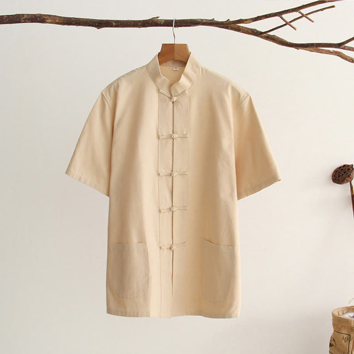 Buddha Stones中国風 カエルボタン 唐装 メンズ 半袖 コットンシャツ ポケット付き - ビスク - US/UK/AU44、 EU54 (4XL) - image 10