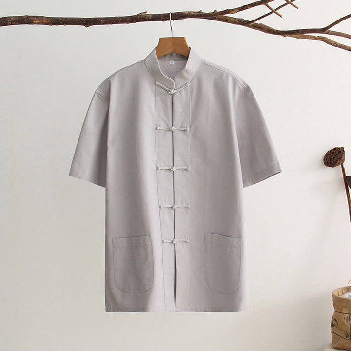 Buddha Stones中国風 カエルボタン 唐装 メンズ 半袖 コットンシャツ ポケット付き - ライトグレー - US/UK/AU44、 EU54 (4XL) - image 8