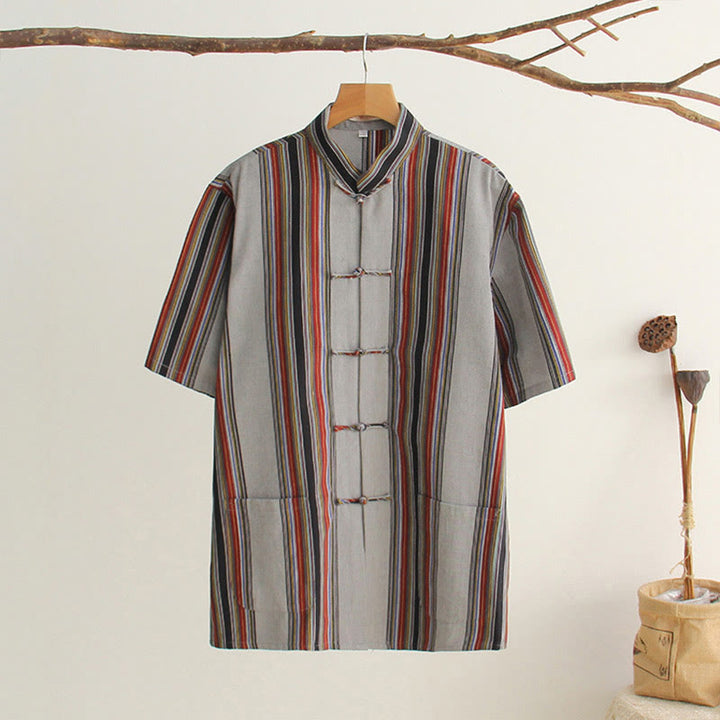 Buddha Stones中国風 カエルボタン 唐装 メンズ 半袖 コットンシャツ ポケット付き - ダークグレー - US/UK/AU44、 EU54 (4XL) - image 24