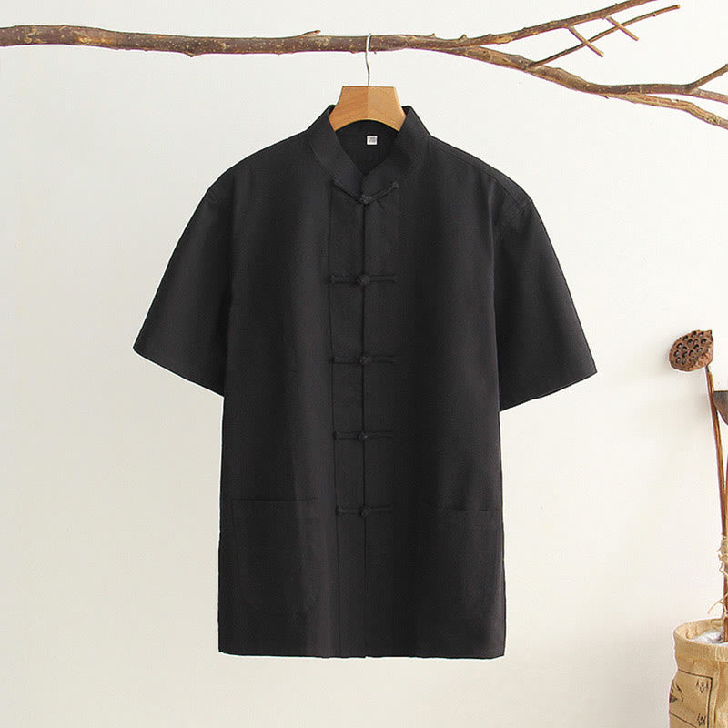 Buddha Stones中国風 カエルボタン 唐装 メンズ 半袖 コットンシャツ ポケット付き - 黒 - US/UK/AU44、 EU54 (4XL) - image 18