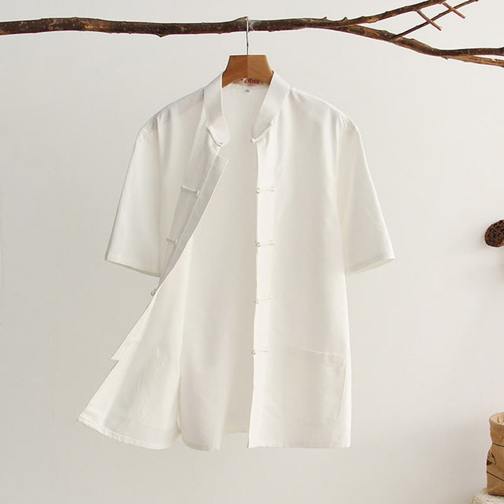 Buddha Stones中国風 カエルボタン 唐装 メンズ 半袖 コットンシャツ ポケット付き - 白 - US/UK/AU44、 EU54 (4XL) - image 0