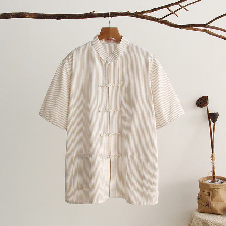 Buddha Stones中国風 カエルボタン 唐装 メンズ 半袖 コットンシャツ ポケット付き - リネン - US/UK/AU44、 EU54 (4XL) - image 20