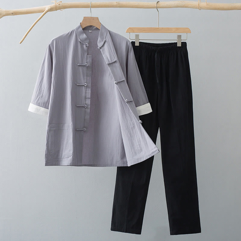 Buddha Stones伝統蛙ボタン唐装綿半袖トップスパンツ服メンズセット - グレーのトップスとブラックのパンツ - US/UK/AU44、 EU54 (4XL)  - image 7