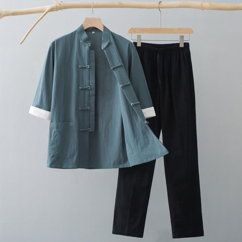 Buddha Stones伝統蛙ボタン唐装綿半袖トップスパンツ服メンズセット - グリーンのトップスとブラックのパンツ - US/UK/AU44、 EU54 (4XL)  - image 0