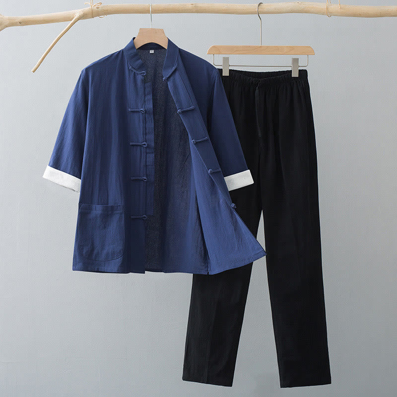 Buddha Stones伝統蛙ボタン唐装綿半袖トップスパンツ服メンズセット - ネイビーブルーのトップスとブラックのパンツ - US/UK/AU44、 EU54 (4XL)  - image 8