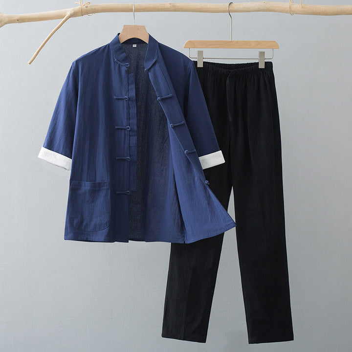 Buddha Stones伝統蛙ボタン唐装綿半袖トップスパンツ服メンズセット - ネイビーブルーのトップスとブラックのパンツ - US/UK/AU44、 EU54 (4XL)  - image 8