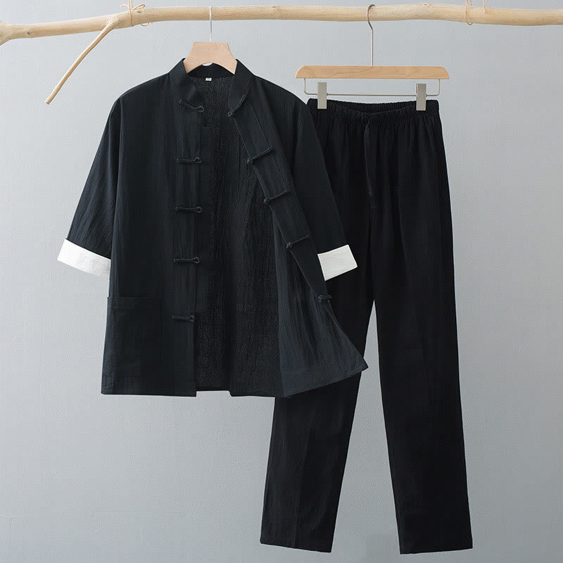 Buddha Stones伝統蛙ボタン唐装綿半袖トップスパンツ服メンズセット - 黒のトップスと黒のパンツ - US/UK/AU44、 EU54 (4XL)  - image 9