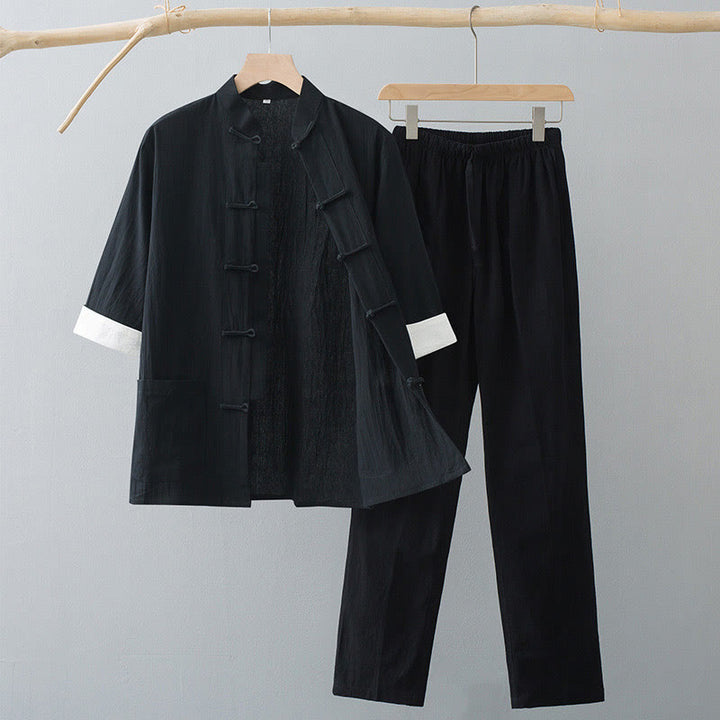 Buddha Stones伝統蛙ボタン唐装綿半袖トップスパンツ服メンズセット - 黒のトップスと黒のパンツ - US/UK/AU44、 EU54 (4XL)  - image 9