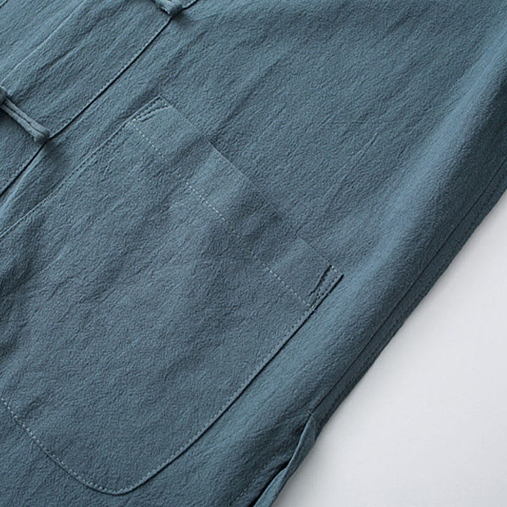 Buddha Stones伝統蛙ボタン唐装綿半袖トップスパンツ服メンズセット - image 3