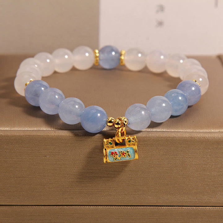 Buddha Stones天然ホワイトアゲートアクアマリン守護ブレスレット