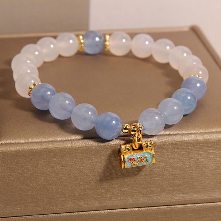 Buddha Stones天然ホワイトアゲートアクアマリン守護ブレスレット