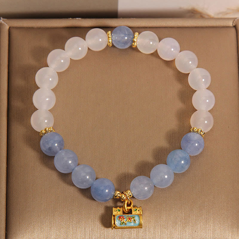 Buddha Stones天然ホワイトアゲートアクアマリン守護ブレスレット