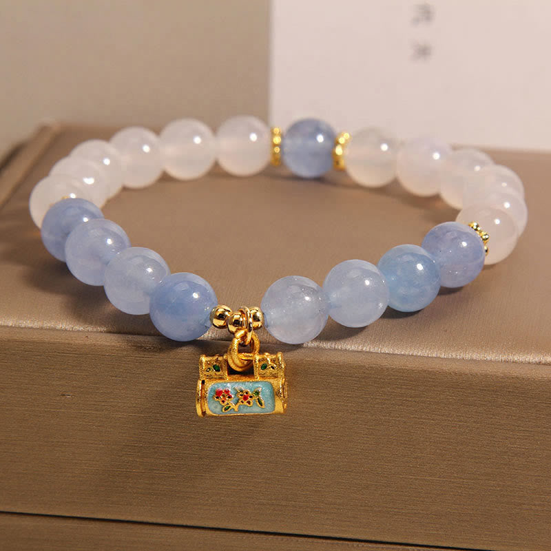 Buddha Stones天然ホワイトアゲートアクアマリン守護ブレスレット