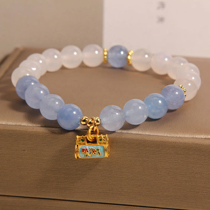Buddha Stones天然ホワイトアゲートアクアマリン守護ブレスレット